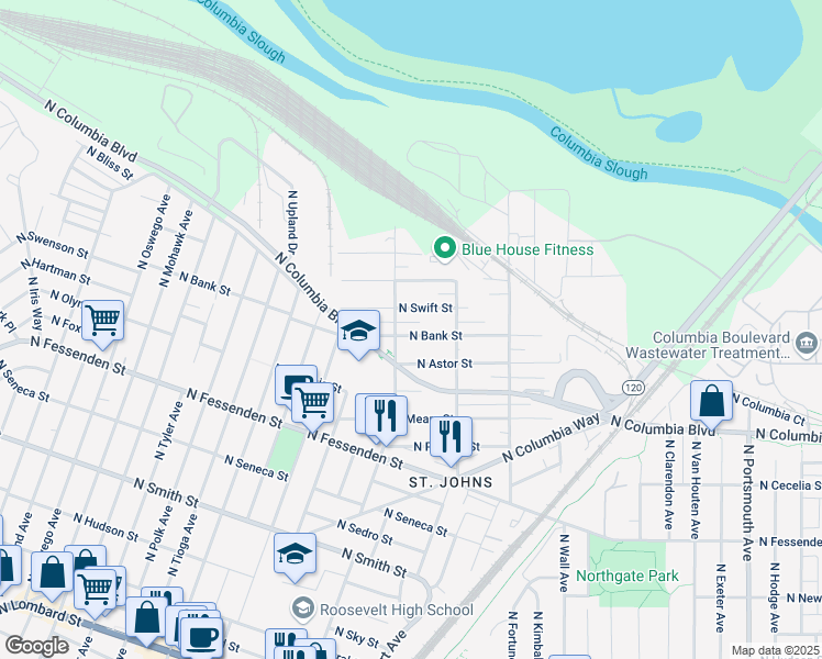 map of restaurants, bars, coffee shops, grocery stores, and more near 6935 North Bank Street in Portland