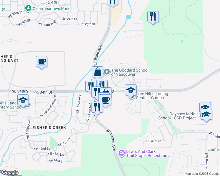 map of restaurants, bars, coffee shops, grocery stores, and more near 19200 Southeast 33rd Circle in Camas