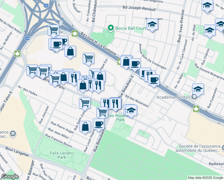 map of restaurants, bars, coffee shops, grocery stores, and more near 6824 Boulevard des Roseraies in Montréal