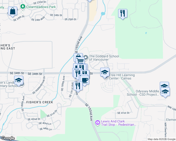 map of restaurants, bars, coffee shops, grocery stores, and more near 19200 Southeast 33rd Circle in Camas