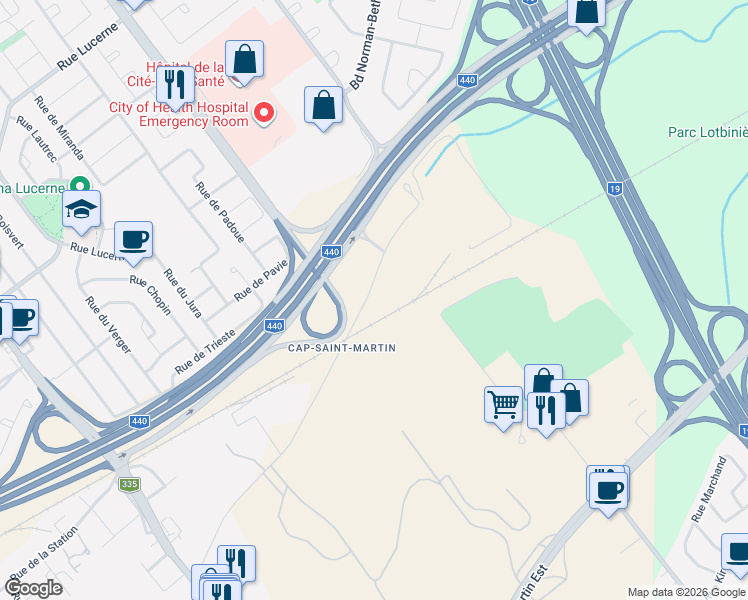 map of restaurants, bars, coffee shops, grocery stores, and more near 222 Rue Saulnier in Laval