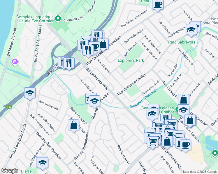 map of restaurants, bars, coffee shops, grocery stores, and more near 848 Rue François Gravé in Boucherville