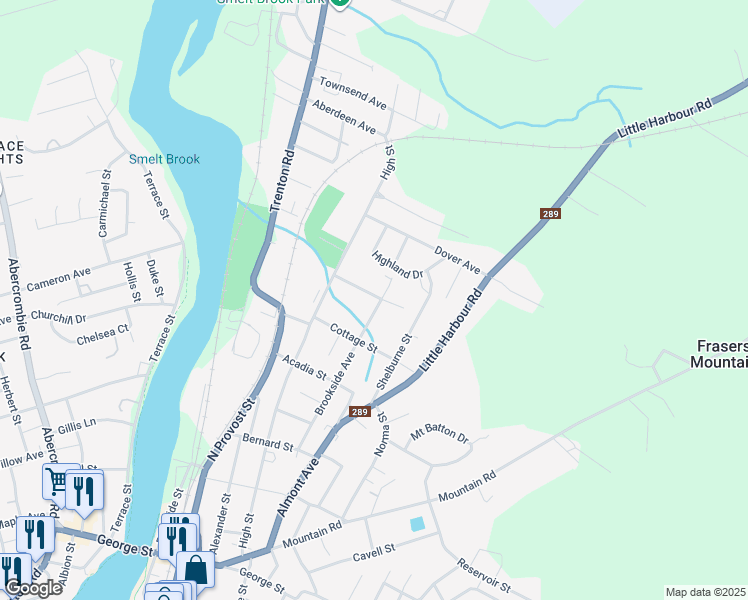 map of restaurants, bars, coffee shops, grocery stores, and more near 412 Brookside Avenue in New Glasgow
