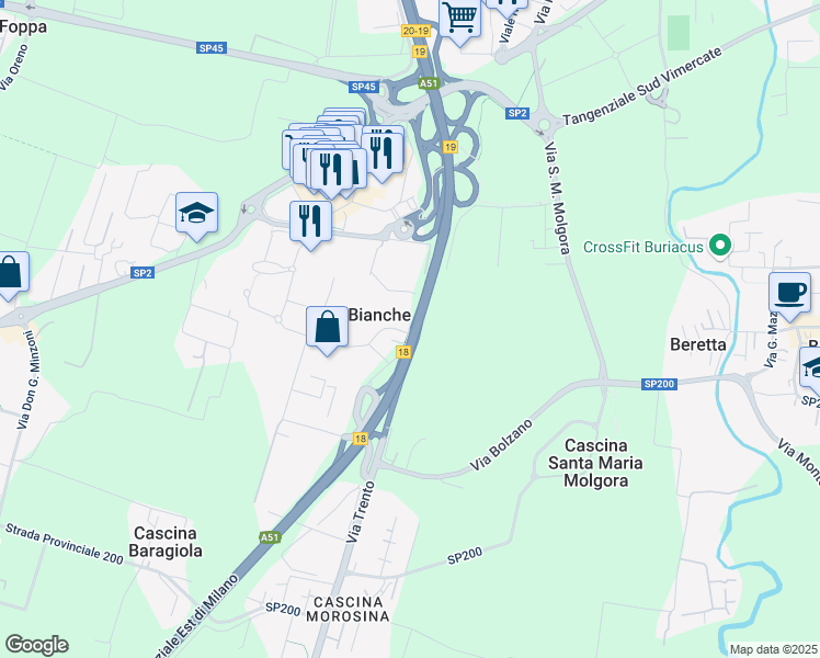 map of restaurants, bars, coffee shops, grocery stores, and more near 28 Via Trento in Torri Bianche