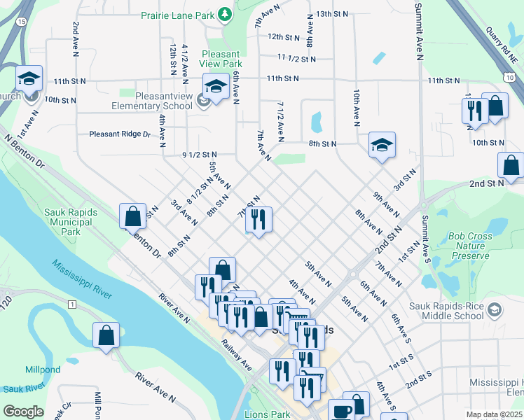 map of restaurants, bars, coffee shops, grocery stores, and more near 612 5th Ave N in Sauk Rapids