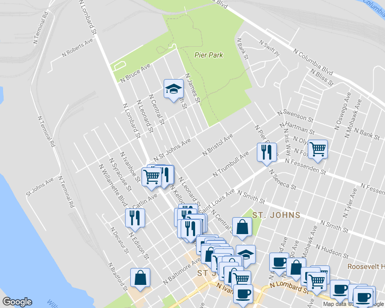 map of restaurants, bars, coffee shops, grocery stores, and more near 9009 North Bristol Avenue in Portland