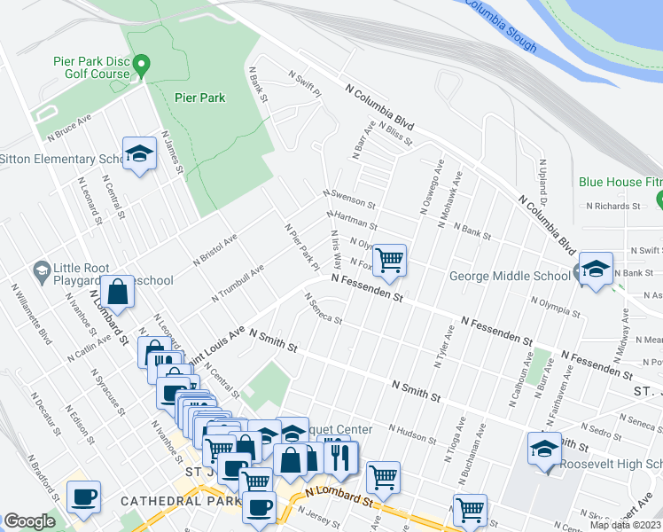 map of restaurants, bars, coffee shops, grocery stores, and more near 9109 North Pier Park Place in Portland