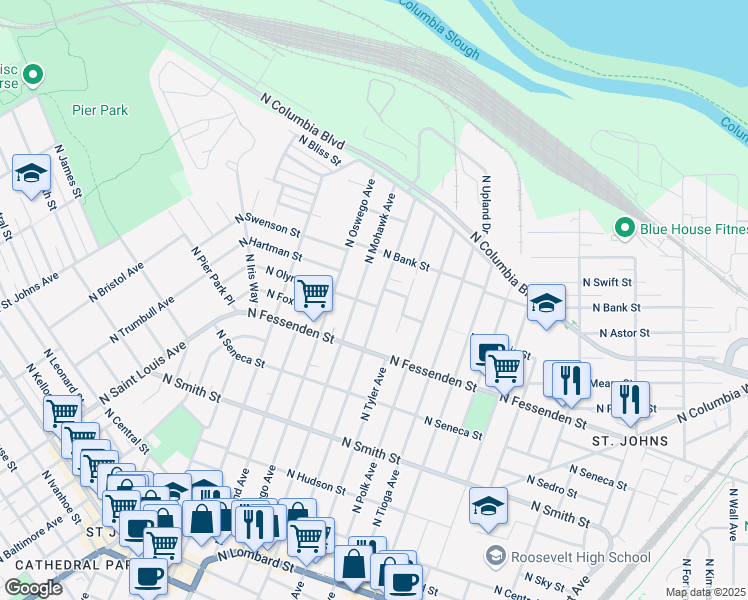 map of restaurants, bars, coffee shops, grocery stores, and more near 7905 North Olympia Street in Portland