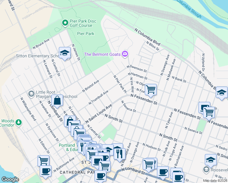 map of restaurants, bars, coffee shops, grocery stores, and more near 9156 North Pier Park Place in Portland