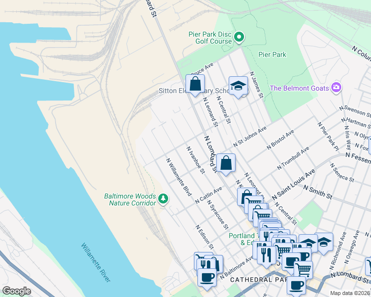 map of restaurants, bars, coffee shops, grocery stores, and more near 9838 North Ivanhoe Street in Portland