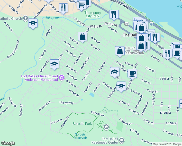 map of restaurants, bars, coffee shops, grocery stores, and more near 218 West 12th Street in The Dalles