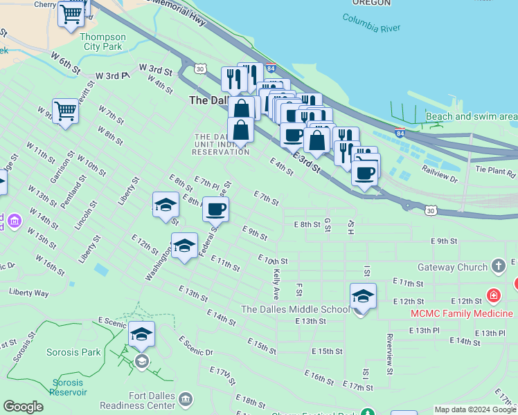 map of restaurants, bars, coffee shops, grocery stores, and more near 706 Laughlin Street in The Dalles