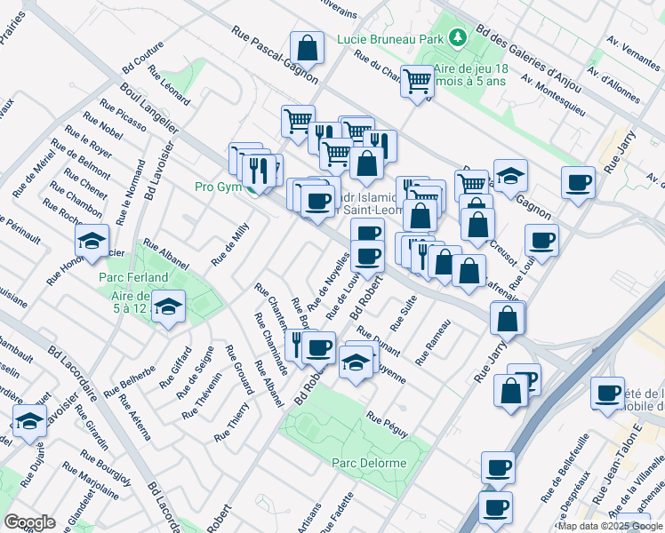 map of restaurants, bars, coffee shops, grocery stores, and more near 6359 Rue de Noyelles in Montréal