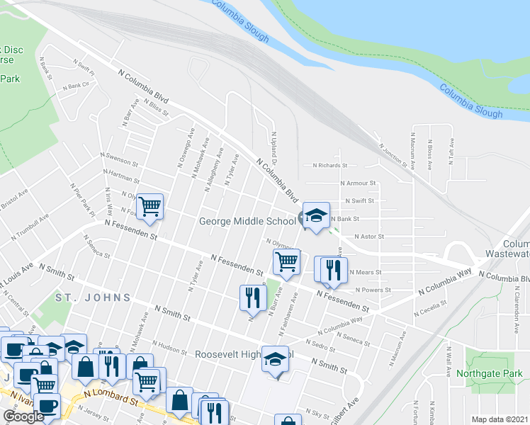 map of restaurants, bars, coffee shops, grocery stores, and more near 10136 North Buchanan Avenue in Portland