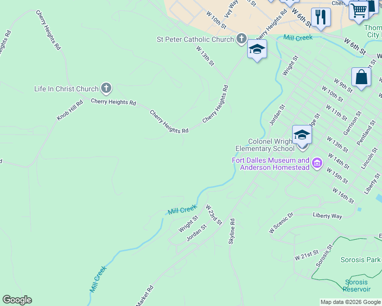 map of restaurants, bars, coffee shops, grocery stores, and more near 1832 Cherry Heights Road in The Dalles