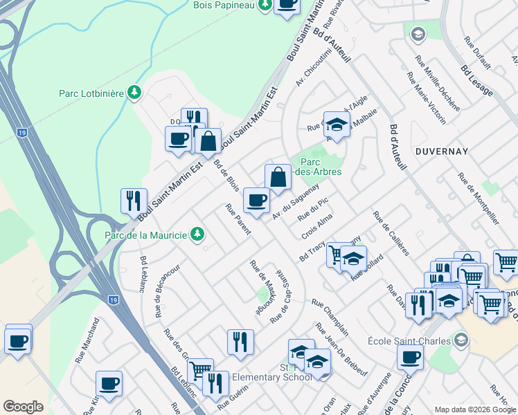 map of restaurants, bars, coffee shops, grocery stores, and more near 2705 Boulevard de Blois in Laval