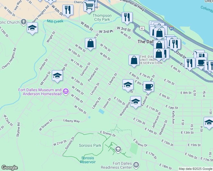 map of restaurants, bars, coffee shops, grocery stores, and more near 200 West 11th Street in The Dalles