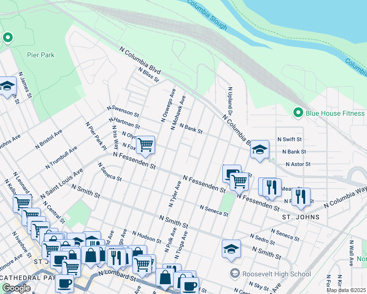 map of restaurants, bars, coffee shops, grocery stores, and more near 7905 North Olympia Street in Portland