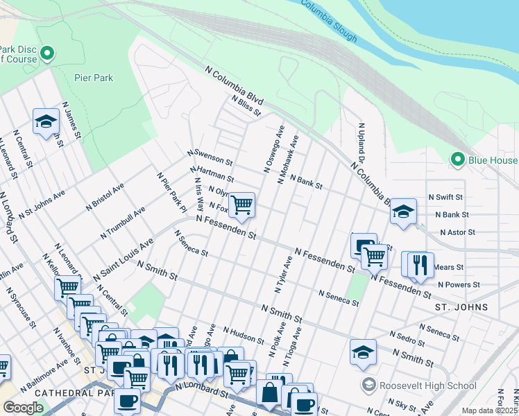 map of restaurants, bars, coffee shops, grocery stores, and more near 8032 North Olympia Street in Portland