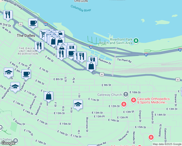 map of restaurants, bars, coffee shops, grocery stores, and more near 1006 East 3rd Street in The Dalles