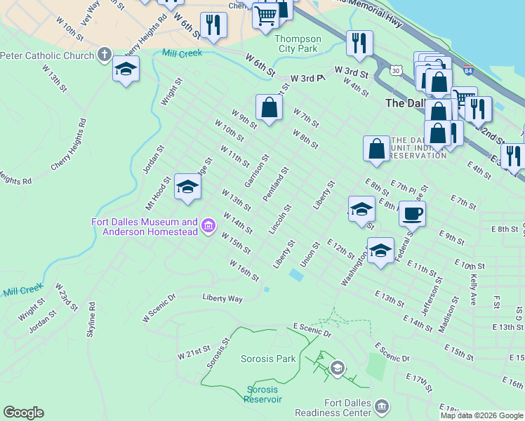 map of restaurants, bars, coffee shops, grocery stores, and more near 1316 Pentland Street in The Dalles