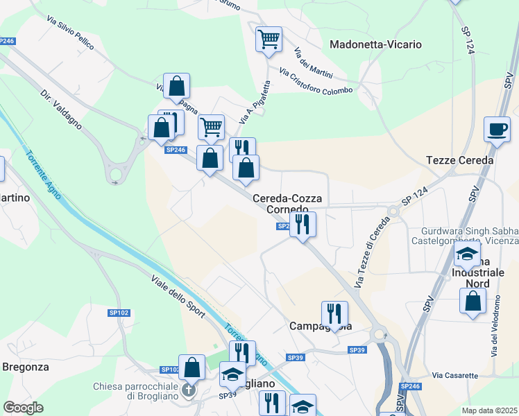 map of restaurants, bars, coffee shops, grocery stores, and more near 42A Via Monte Verlaldo in Cereda-cozza Cornedo