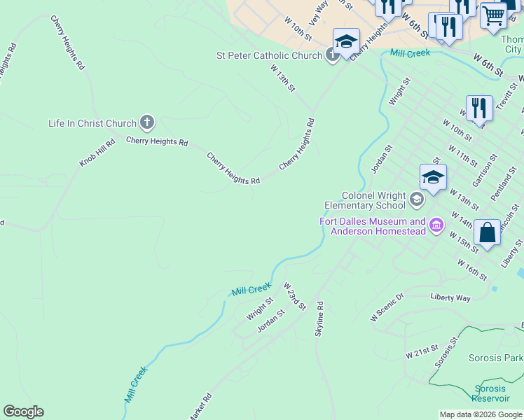 map of restaurants, bars, coffee shops, grocery stores, and more near 1832 Cherry Heights Road in The Dalles