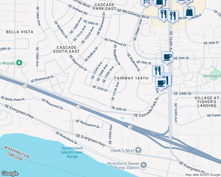 map of restaurants, bars, coffee shops, grocery stores, and more near 3219 Southeast 156th Avenue in Vancouver