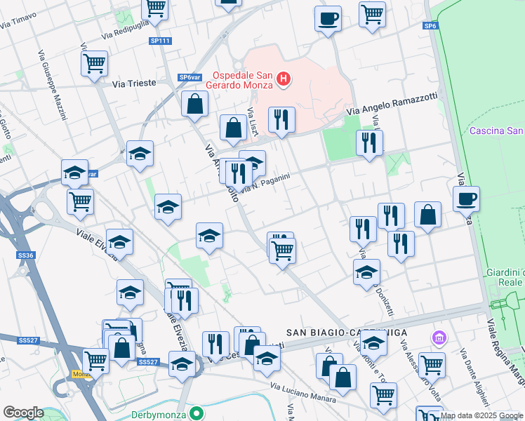 map of restaurants, bars, coffee shops, grocery stores, and more near 10 Via N. Paganini in Monza