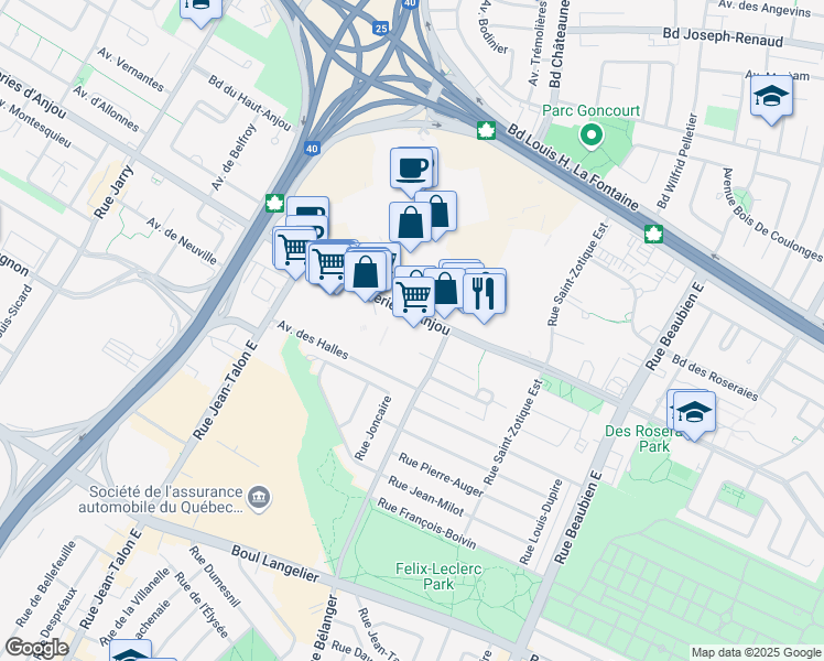 map of restaurants, bars, coffee shops, grocery stores, and more near 7400 Boulevard des Galeries d'Anjou in Montréal