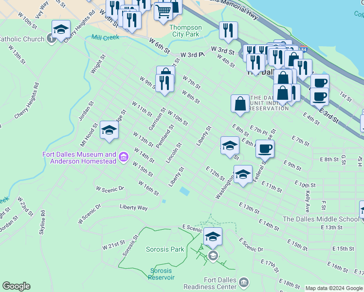 map of restaurants, bars, coffee shops, grocery stores, and more near 218 West 12th Street in The Dalles