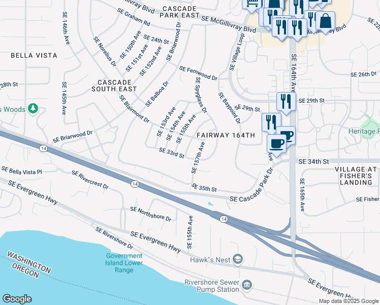 map of restaurants, bars, coffee shops, grocery stores, and more near 3219 Southeast 156th Avenue in Vancouver