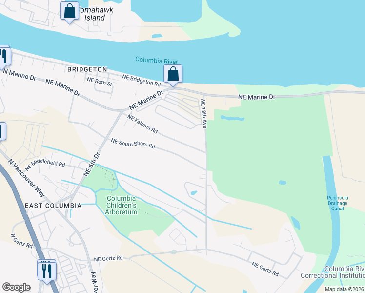 map of restaurants, bars, coffee shops, grocery stores, and more near 1130 Northeast Faloma Road in Portland