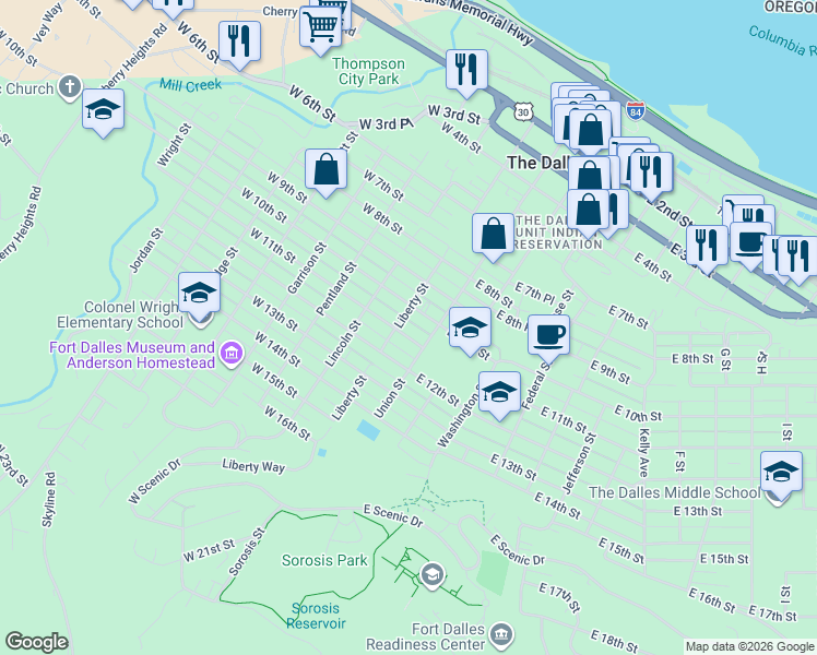map of restaurants, bars, coffee shops, grocery stores, and more near 200 West 11th Street in The Dalles