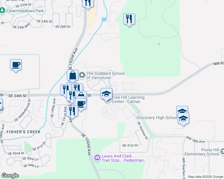 map of restaurants, bars, coffee shops, grocery stores, and more near 3224 Southeast 197th Court in Camas