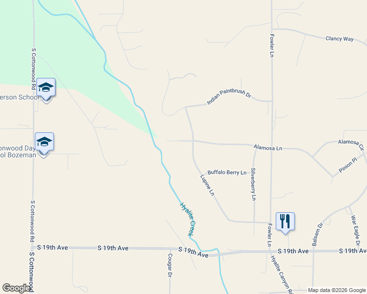 map of restaurants, bars, coffee shops, grocery stores, and more near 6170 Alamosa Lane in Bozeman