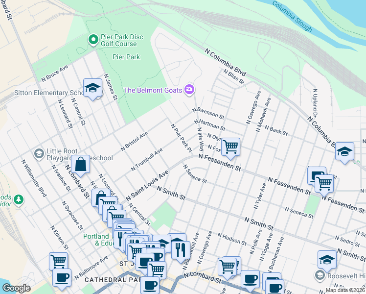 map of restaurants, bars, coffee shops, grocery stores, and more near 9156 North Pier Park Place in Portland