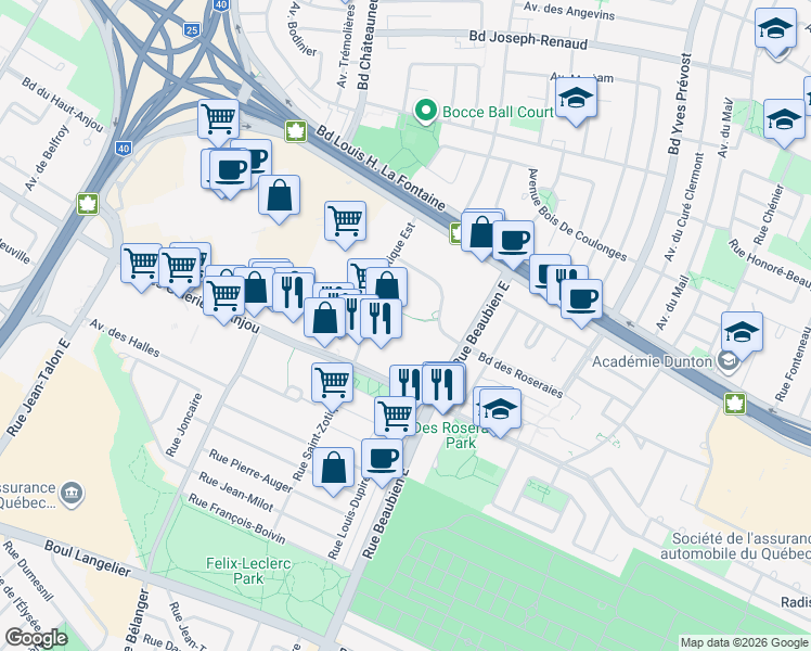 map of restaurants, bars, coffee shops, grocery stores, and more near 7340 Impasse Saint Zotique in Montréal