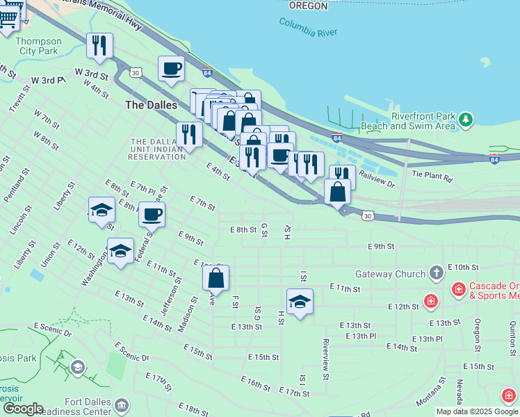 map of restaurants, bars, coffee shops, grocery stores, and more near 921 East 7th Street in The Dalles