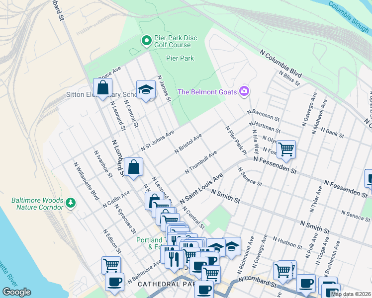 map of restaurants, bars, coffee shops, grocery stores, and more near 9234 North Bristol Avenue in Portland