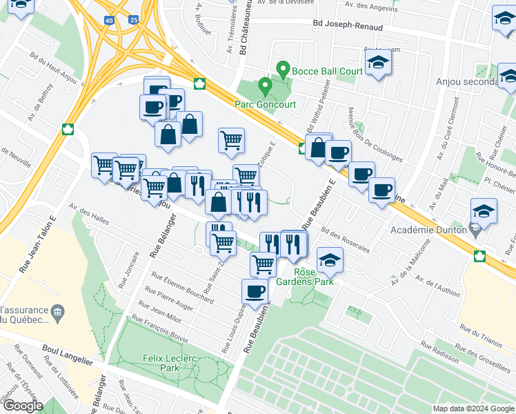 map of restaurants, bars, coffee shops, grocery stores, and more near 7320 Impasse Saint-Zotique in Montréal