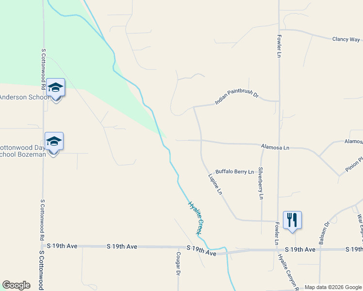 map of restaurants, bars, coffee shops, grocery stores, and more near 6170 Alamosa Lane in Bozeman
