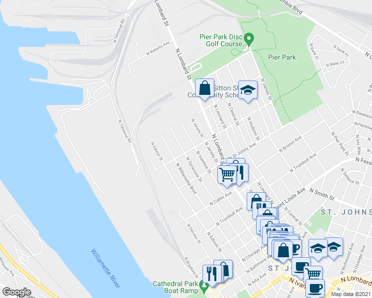 map of restaurants, bars, coffee shops, grocery stores, and more near 9838 North Ivanhoe Street in Portland