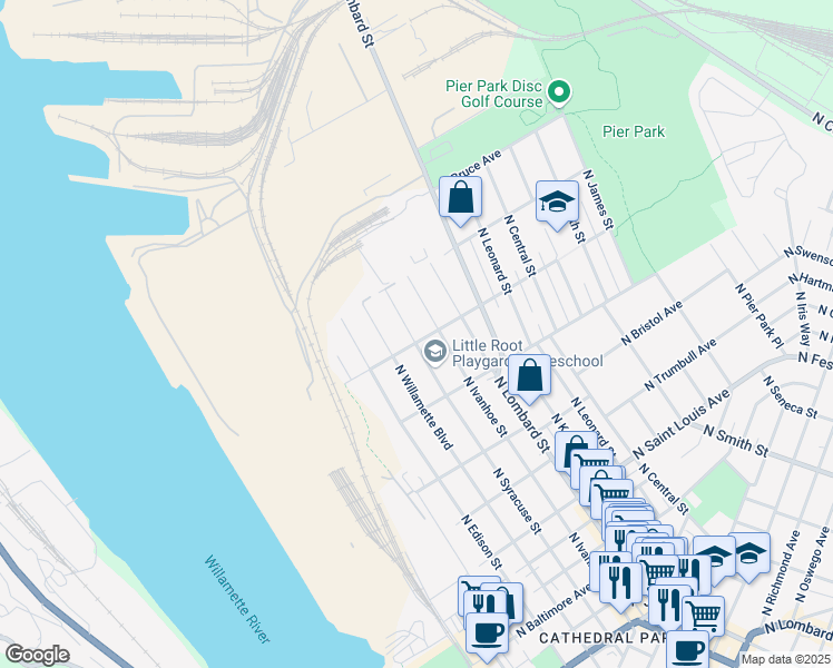 map of restaurants, bars, coffee shops, grocery stores, and more near 7011 North Reno Avenue in Portland