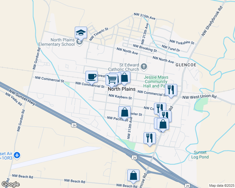 map of restaurants, bars, coffee shops, grocery stores, and more near in North Plains
