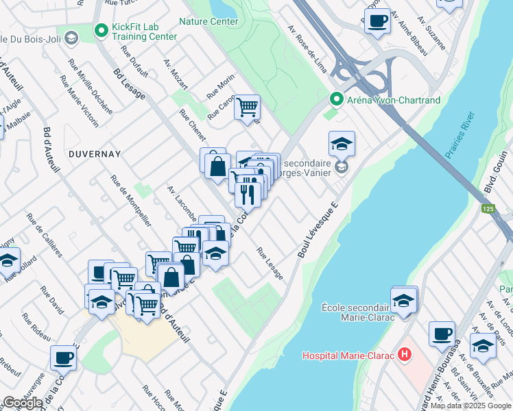 map of restaurants, bars, coffee shops, grocery stores, and more near 3656 Boulevard de la Concorde Est in Laval
