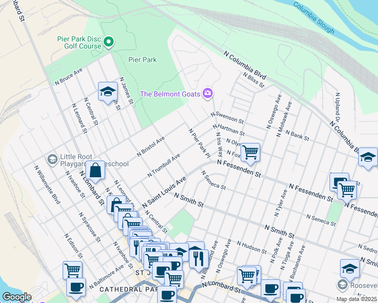 map of restaurants, bars, coffee shops, grocery stores, and more near 9464 North Trumbull Avenue in Portland