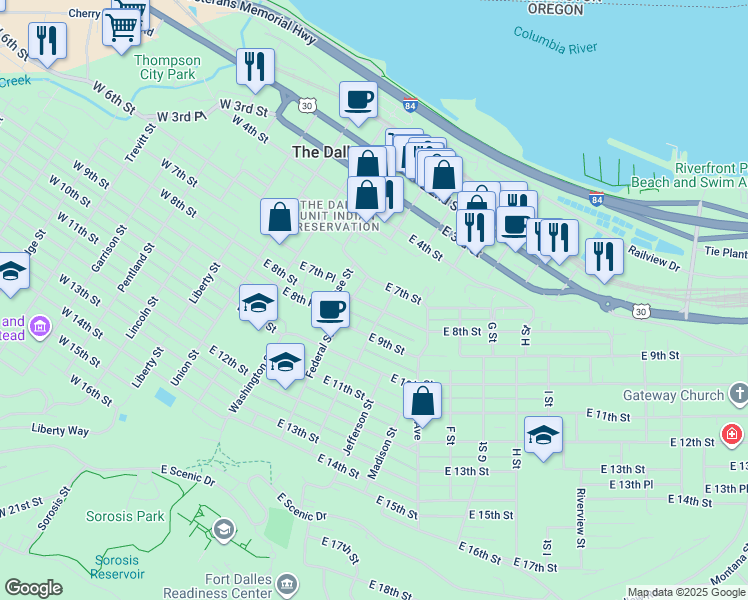 map of restaurants, bars, coffee shops, grocery stores, and more near 411 East 8th Street in The Dalles