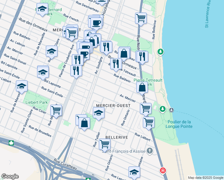 map of restaurants, bars, coffee shops, grocery stores, and more near 2139 Avenue Mercier in Montréal