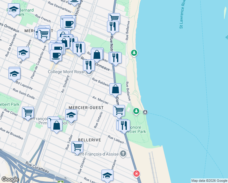 map of restaurants, bars, coffee shops, grocery stores, and more near 8561 Rue Notre-Dame Est in Montréal